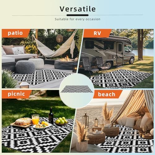 Favoyard Outdoor Rug Black & White 9x12 ft Waterproof Reversible Carpet Mat - Image 6