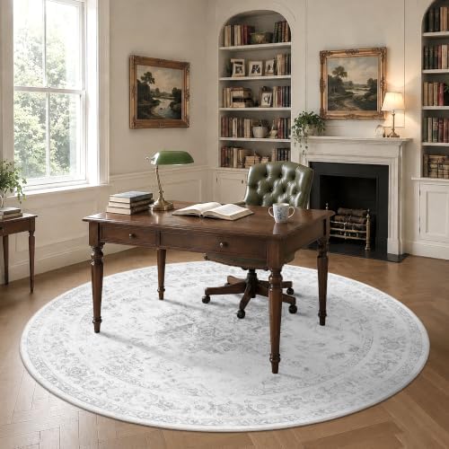 5ft Round Washable Office Rug Non-Slip Medallion Gray Throw Carpet - Image 3