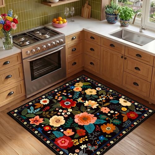 RELEANY Floral Washable Square 4ft Area Rug Black - Image 6