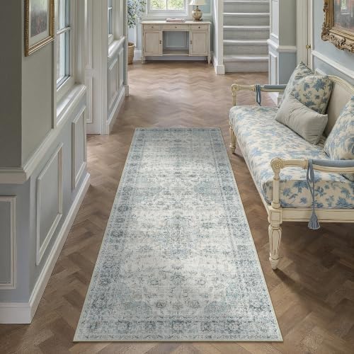 HUGEAR 2x6 Light Blue Retro Floral Washable Runner Rug for Hallway by HUGEAR