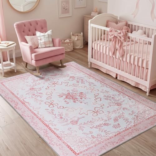 5x8 Pink Rug for Bedroom Girls Room, White and Light Pink Nursery Rug, Washable Bow Decor Flower Botancial Scalloped Cute Carpet for Kids Room - Image 2