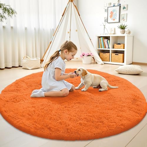 OLANLY Orange Round Rugs for Bedroom - Machine Washable, 6 ft Circle Area Rugs for Living Room, Soft and Fluffy Shaggy Carpet for Teen Girl and Boys, Nursery Rooms, Dorms, Home Decor Aesthetic - Image 2