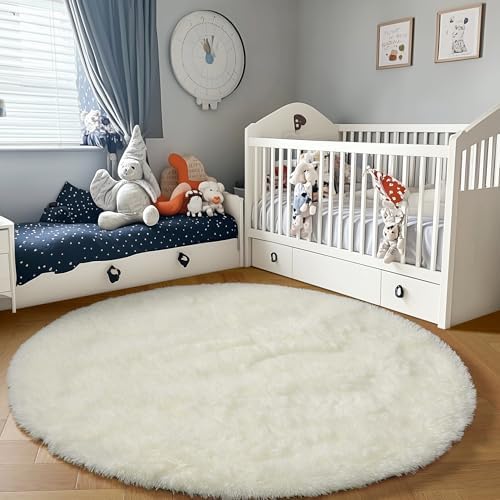 PAGISOFE Cream White Round Rugs 5Ft, Fluffy Shaggy Ivory Carpets, Rugs for Girls Boys Baby Kids Bedroom, Indoor Furry Comfy Teepee Mats, Circular Rug for Reading Area Nursery Room Decor Aesthetic - Image 3