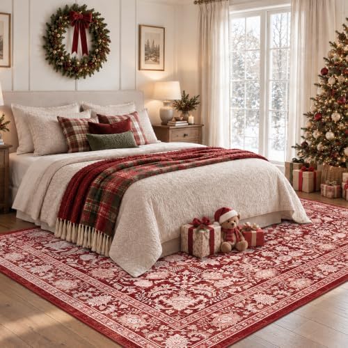 Washable 5x7 Christmas Office Area Rug Non-Slip Xmas Red Throw Carpet - Image 2