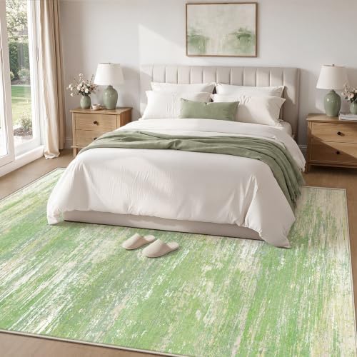 Washable Rug 5x7 Area Rugs for Living Room: Neutral Soft Rug Abstract Non Slip Low Pile Modern Carpet for Bedroom Kitchen Nursery Office Dining Room Indoor (Green, 5'x7') - Image 2