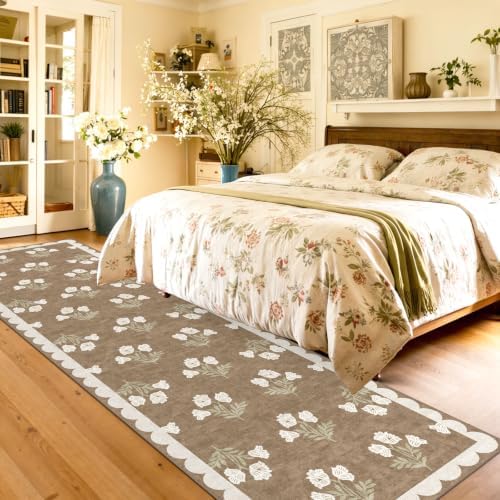 Non Slip Washable Hallway Runner Rug - 2.6x10 Long Tan Kitchen Runner Rug Soft Boho Runners for Hallways Cottage Floral Scalloped Area Rug for Bedroom Entryway Foyer Bathroom Double Vanity - Image 4