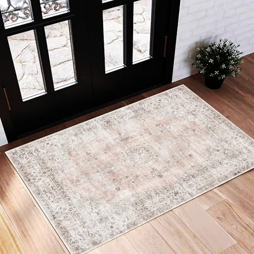 CHAMPLANT Washable Area Rug 2'x3' Door Mat Vintage Distressed Doormat Indoor Entrance Traditional Thin Rug Floral Print Non Slip Carpet for Kitchen Bathroom Bedroom Living Room by CHAMPLANT