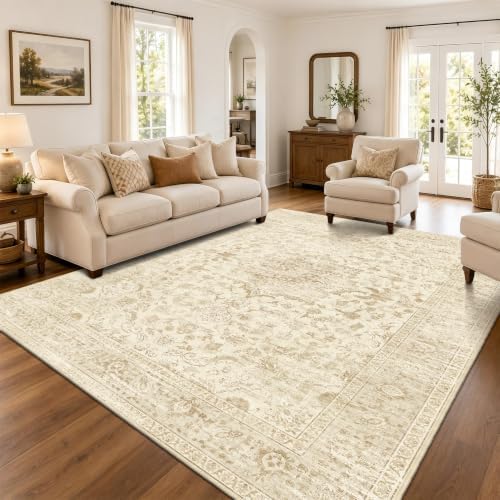 Beige 8x10 Living Room Rug, Non Slip Neutral Area Rug for Bedroom, Nursery by TTelephant