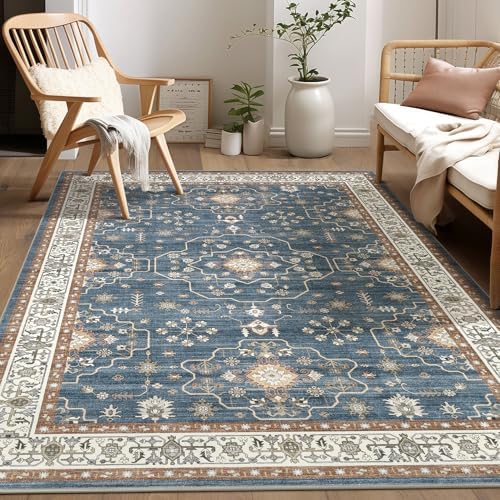 7x9 Area Rug for Living Room- Machine Washable Soft Oriental Vintage Large Indoor Floor Carpet for Bedroom Under Dining Table Home Office Decor - Dark Blue by homewill