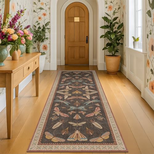 Brown 2x5 Runner Rug, Washable Non Slip Carpet for Bathroom, Entryway, Kitchen Floor & Hallway, Vintage Boho Insect Design with Butterfly Moth Print - Image 3