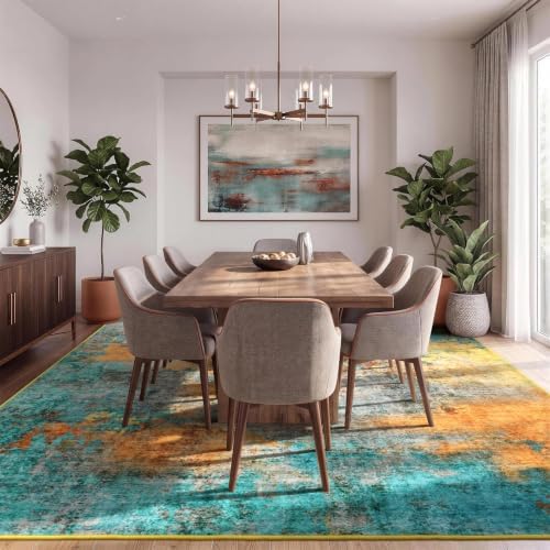 8x10 Area Rug for Living Room, Abstract Washable Large Rugs, Teal/Orange - Image 3