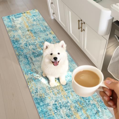 2x7 Teal Blue Rug Runners for Hallways Kitchen Runner Rug Non Slip Washable Black Long Runner Rugs with Rubber Backing Soft Abstract Carpet Runner for Bedroom, Kitchen, Bathroom, Entryway - Image 2