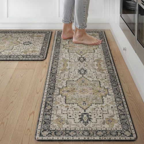 GENIMO Anti Fatigue Kitchen Mats for Floor 2PCS, Standing Rugs,Gold Black by GENIMO