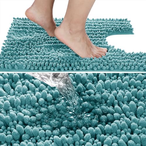 Yimobra Toilet Rug U Shaped Washable 24x20 Inch - Ultra Soft Absorbent Chenille Bath Rugs for Toilet, Quick Dry & Machine Washable, Non Slip Contour Bathroom Mat, Teal Blue - Image 3