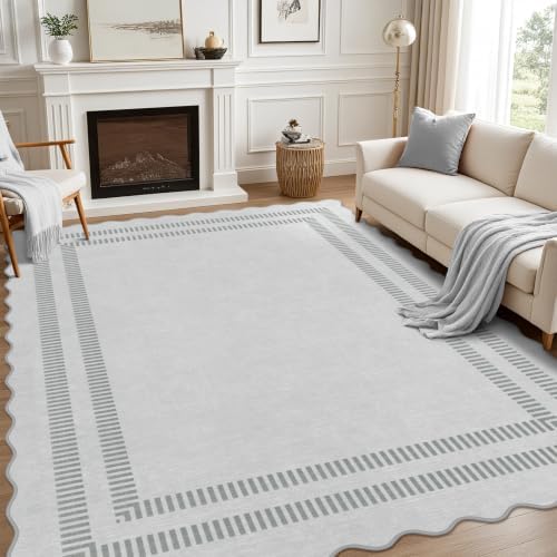 8x10 Area Rugs, Scalloped Grey Modern Living Room Rug, Solid Large Machine Washable Rug Non-Slip, Soft Lightweight Carpet for Bedroom Playroom Dining Room by LORWER