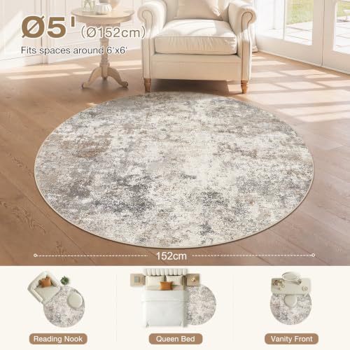 UERMEI 5ft Round Area Rug Living Room Rugs - 5x5 Washable Neutral Modern Abstract Soft Thin Rug Indoor Floor No Slip Rug Carpet for Bedroom Under Dining Table Home Office Decor - Brown Grey - Image 3