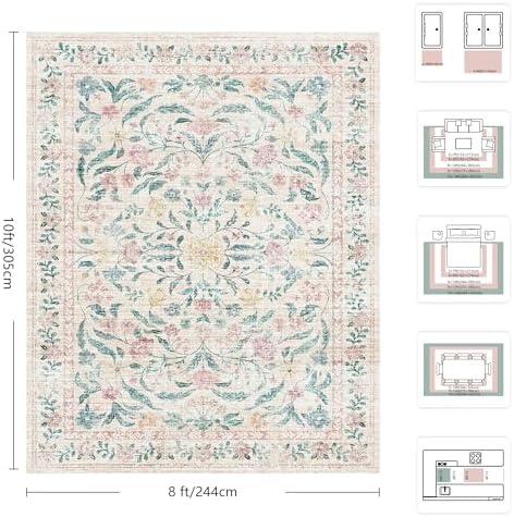 8x10 Area Rugs, Machine Washable Low Pile Floral Rugs for Living Room, Bedroom, Large Boho Area Rug with Non-Slip Backing for Dining Room(Pink Bloom) - Image 2