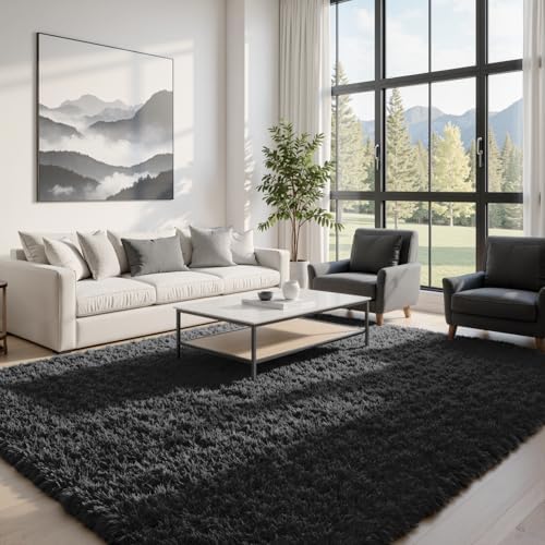 5x8 Fluffy Shag Area Rugs for Living Room Bedroom: Soft Plush Carpet Black - Image 2