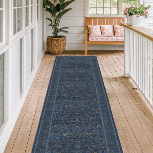 2x10 Extra Long Runner Rugs for Hallways, Non Slip Machine Washable Front Door Runner Indoor Entrance, Nature Floral Design Dark Blue Mats - Image 3