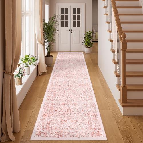 DUKINO 2x8 Runner Rug, Washable Vintage Floral Kitchen Rug, Pink by DUKINO