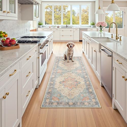 RELEANY Washable Area Rug, Runner 2'x8', Blue/Orange/Red by RELEANY