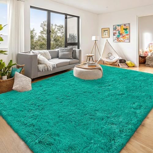 OLANLY 8x10 Machine Washable Large Area Rugs for Living Room, Bedroom, Soft Fluffy Shaggy Bedside Rug, Indoor Floor Carpet for Kids Girls and Boys, Dorms, Nursery, Home Decor Aesthetic, Teal Green - Image 3