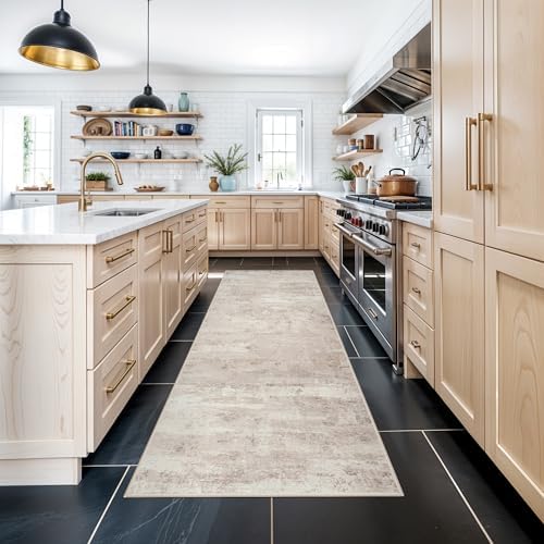 Rug Runner 3x8 for Hallway: Washable Non Slip Kitchen Entryway Carpet Low Plie Stain Resistant Rugs for Laundry Bedroom Indoor Foldable Modern Abstract Home Decor Floor Mat for Bathroom 3X8 Beige by YOUFORTONG