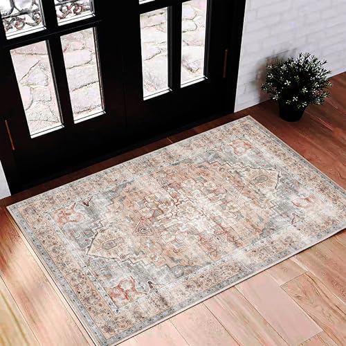 CHAMPLANT 2'x3' Light Cyan and Light red Area Rug Washable Door Mat Vintage Distressed Doormat Indoor Entrance Traditional Thin Floral Print Non Slip Carpet for Kitchen Bathroom Bedroom by CHAMPLANT