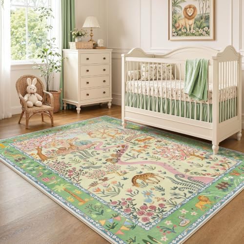 Tribesigns Washable Animal Floral 5x7 Kids Playroom Rug, Soft Cute Green Nursery Rugs for Bedroom, Non-Slip Low Pile Indoor Zoo Carpet Rugs for Kids Room Living Room, Green/5x7 by Tribesigns