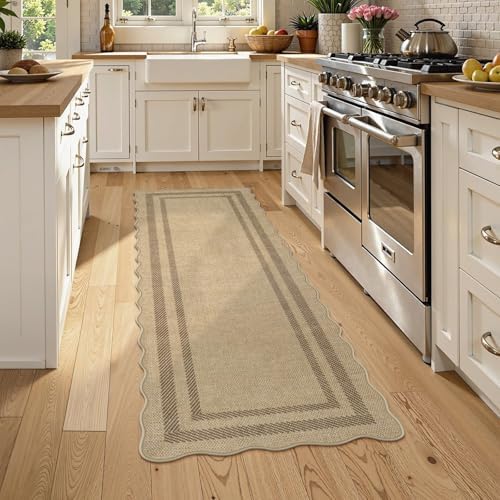 LIVEBOX Scalloped Washable 2x6 Kitchen Runner Rug, Easy Jute Geometric Tan Rugs for Entryway Hallway, Indoor Outdoor Non Slip Rug Farmhouse Modern Carpet Door Mat for Porch Bedroom Laundry Room - Image 2