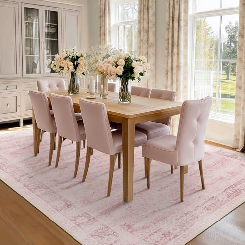Large Pink Living Room Rug 9x12, Aesthetic Distressed Area Rugs for Bedroom Girls Playroom, Washable Non Slip Nursery Rug Stain Resistant, Low Pile Thin Carpet Rug for Dining Room Home Office - Image 5