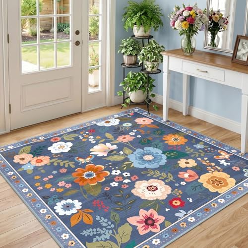 RELEANY Floral Washable Square 4ft Area Rug Blue/Grey - Image 2