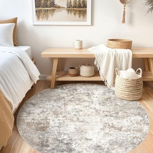 UERMEI 5ft Round Area Rug Living Room Rugs - 5x5 Washable Neutral Modern Abstract Soft Thin Rug Indoor Floor No Slip Rug Carpet for Bedroom Under Dining Table Home Office Decor - Brown Grey - Image 5