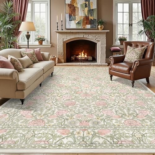 GarveeHome Pink Green Beige Floral 9x12 Area Rugs for Living Room Bedroom by GarveeHome