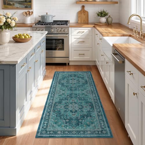Washable Hallway Runner Rug 2'x5', Vintage Medallion, Boho Teal - Image 3