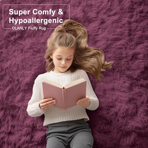 OLANLY 2x6 Machine Washable Runner Rugs for Hallway, Soft Fluffy Shaggy Bedside Rugs for Bedroom, Living Room, Indoor Floor Carpet for Kids Girls Boys, Nursery Rooms, Home Decor Aesthetic, Burgundy - Image 5