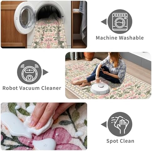 2x6 Soft Washable Runner Rugs: Velvet Feel & 5-10 Degrees Warmer Underfoot - Cottagecore Floral Hallway Carpet for Bedroom Kitchen Entryway - Family & Pet Friendly (Blush Pink) - Image 6