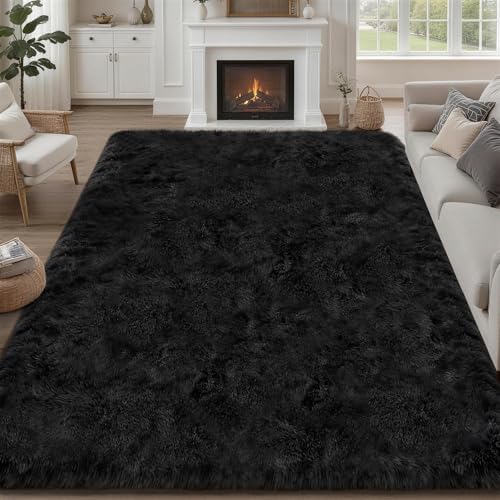 8x10 Area Rug Living Room Bedroom: Fluffy Plush Shag Carpet Black by Luxturiy