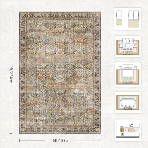 6x9 Area Rugs - Washable Vintage Retro Living Room Rug, Soft Ultra Thin Non Slip Low Pile Traditional Distressed Boho Carpet for Bedroom Dining Room Nursery Home Office, Beige & Terracotta - Image 2