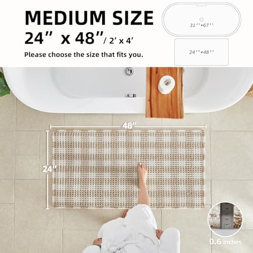 TYUU Waffle Bath Mat, Boho Bathroom Rugs Non Slip, 48x24 Khaki & White - Image 2