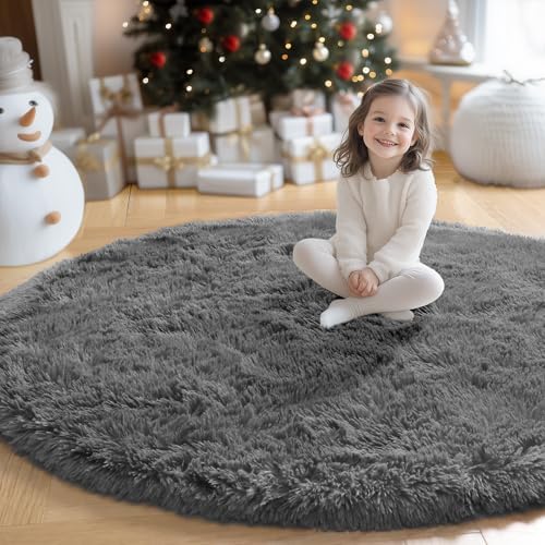 Amdrebio Grey Furry Big Round Area Rug 6Ft for Living Room Bedroom Playroom - Image 3