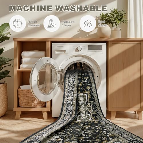 Round Area Rug for Living Room: 4ft Boho Washable Rug Black Gold - Image 7