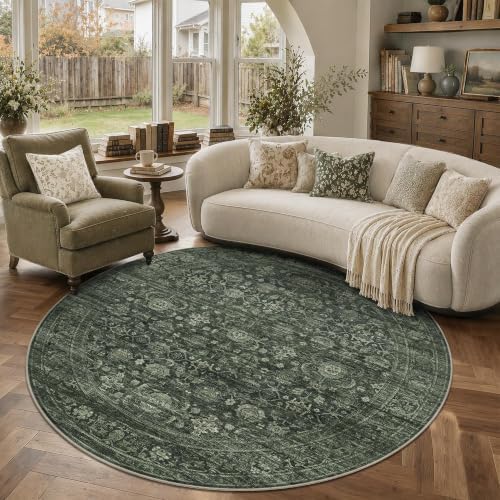 JOOJA 6x6 Dark Green Vintage Low Pile Washable Boho Round Living Room Rug - Image 4