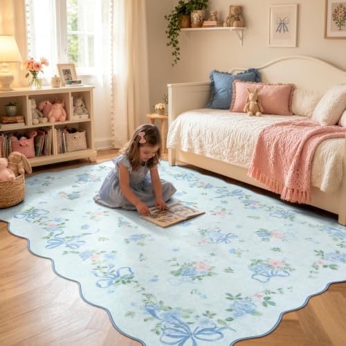 Wonnitar 5x7 Blue Rug for Bedroom, Washable Boho Bow Floral Rug for Dorm - Image 6