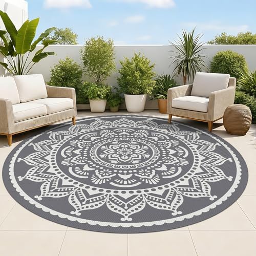 Bsmathom Waterproof Outdoor Rug 8ft Round Reversible Boho Plastic Straw Patio Deck Camping Rugs, Indoor Outdoor Portable RV Mat Carpet for Outside, Porch, Balcony, Backyard, Beach, Pool, Grey by Bsmathom