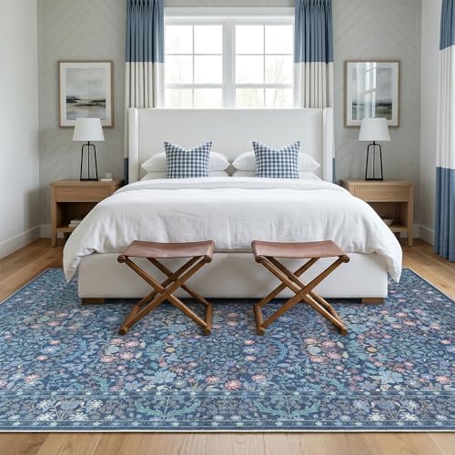 Washable Dining Room Rugs for Under Table - 6x9 Blue Floral Area Rug for Living Room, Low Pile Non Slip Floor Carpet for Bedroom, Vintage Distressed Ultra Soft Stain Resistance - Image 4