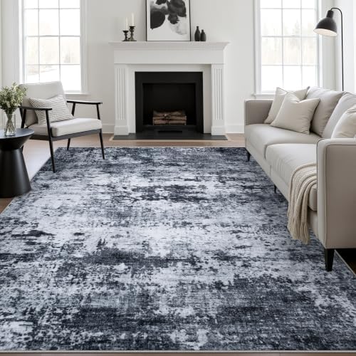 9x12 Area Rug Living Room: Modern Washable Indoor Carpet Black by FXRHLP