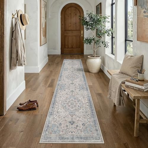 PureCozy Blue Runner Rug 2.6x12 Entryway Vintage Floral Non-Slip Carpet by PureCozy