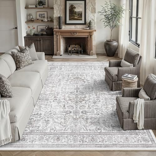 9x12 Washable Living Room Area Rug Non-Slip Vintage Gray Large Carpet - Image 3