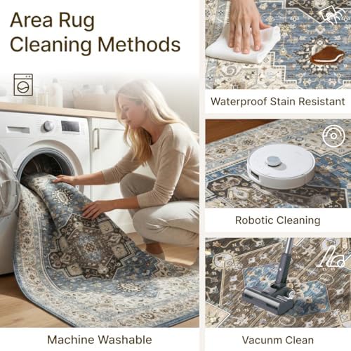 Washable 4'x6' Vintage Area Rug for Bedroom Living Room Blue - Image 3